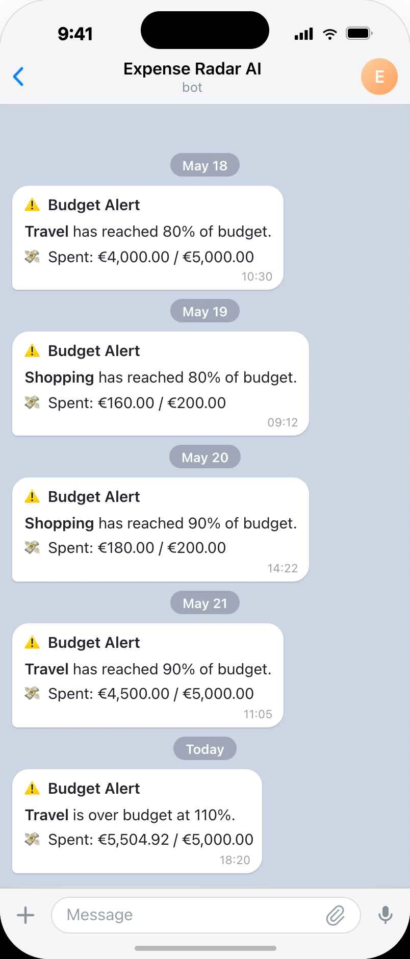 Telegram budget alerts from the Expense Radar AI bot on an iPhone.