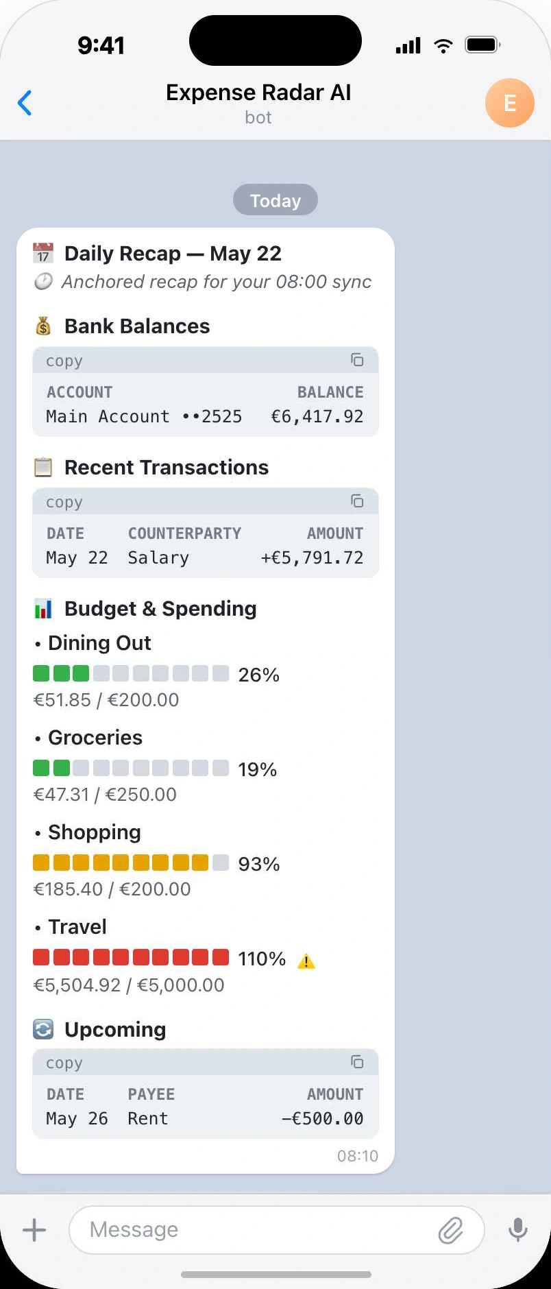 A daily spending recap from the Expense Radar AI bot on an iPhone.